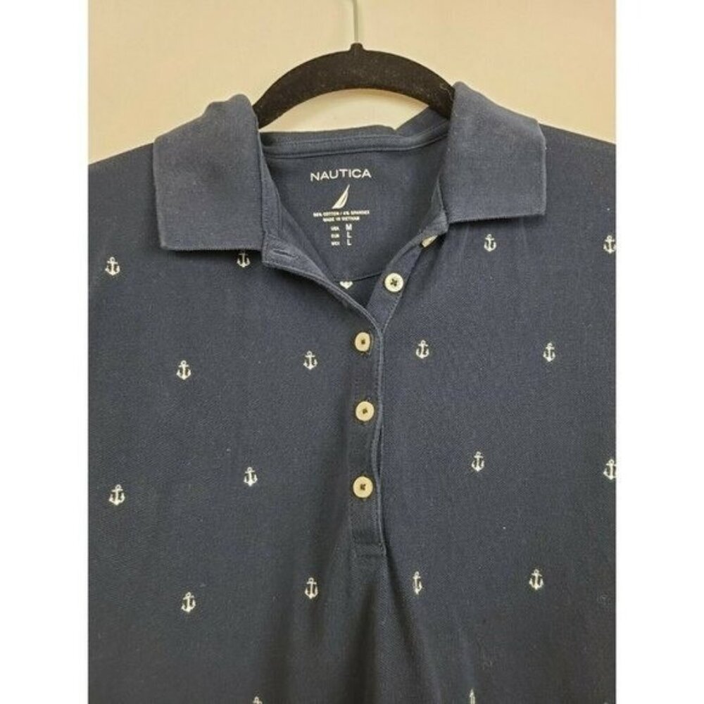 Nautica Womens Polo Shirt Medium Navy White Embroidered Anchors Preppy Nautical - Picture 2 of 6